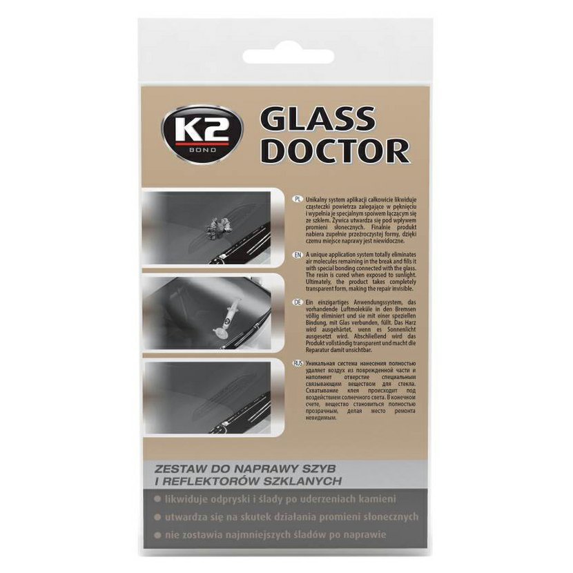 K2 GLASS DOCTOR 0,8 ml - sada na opravu čelního skla a světlometů, B350