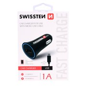 Zástrčka SWISSTEN s 1x USB výstupem 1.0 A, 12/24V s kabelem microUSB, 44055