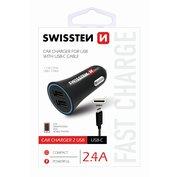 Zástrčka SWISSTEN s 2x USB výstupem 2,4 A, 12/24V s kabelem USB-C, 45349