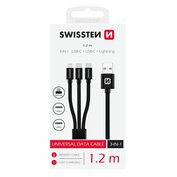 Kabel textile 3v1 2x USB-C, 1x Lightning, 1,2 m, SWISSTEN černý, 48154